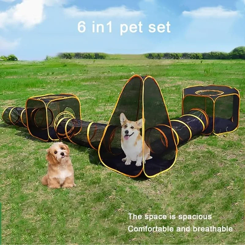 Outdoor Tent Playhouse - 6-in-1 Tent Cat Enclosures with Tunnel